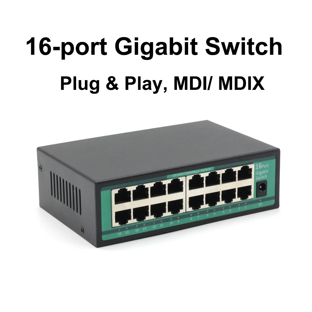 16 Port Gigabit Ethernet Switch 10/100/1000Mbps Desktop Network Switch, Auto MDI/MDIX, Plug & Play, RJ45 LAN Hub for Home Office