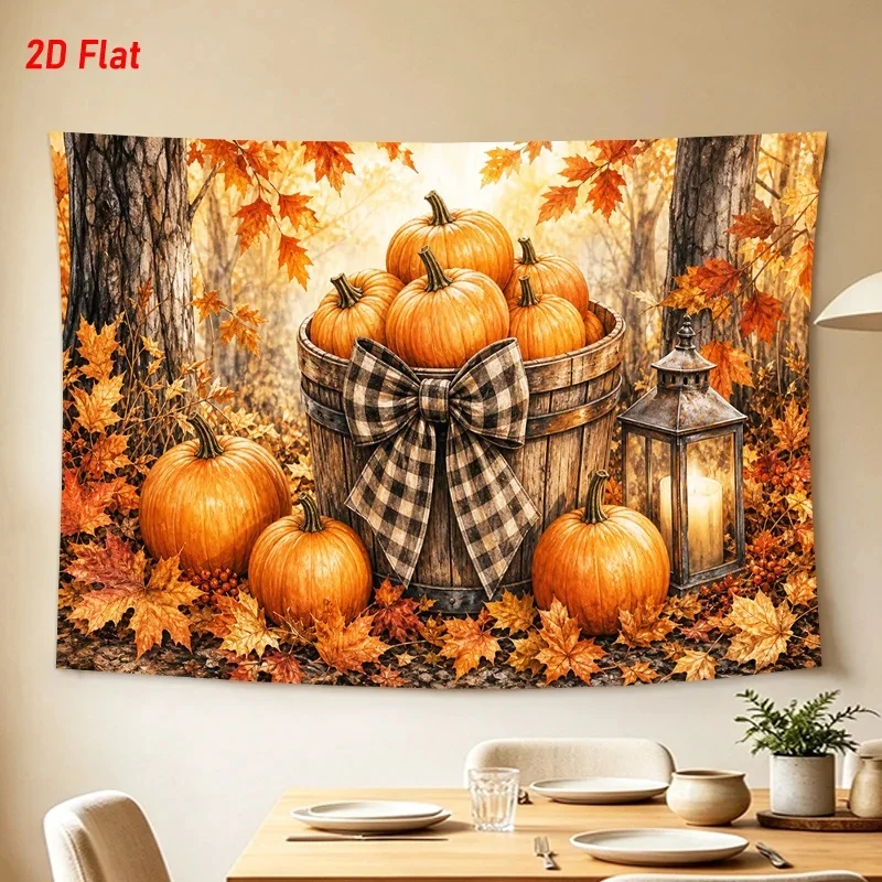 VIKAMA Fall Thanksgiving Tapestry Farmhouse Pumpkin Barrel Plaid Bow Lantern Maple Leaf Wall Hanging Autumn Harvest Bedroom Dini