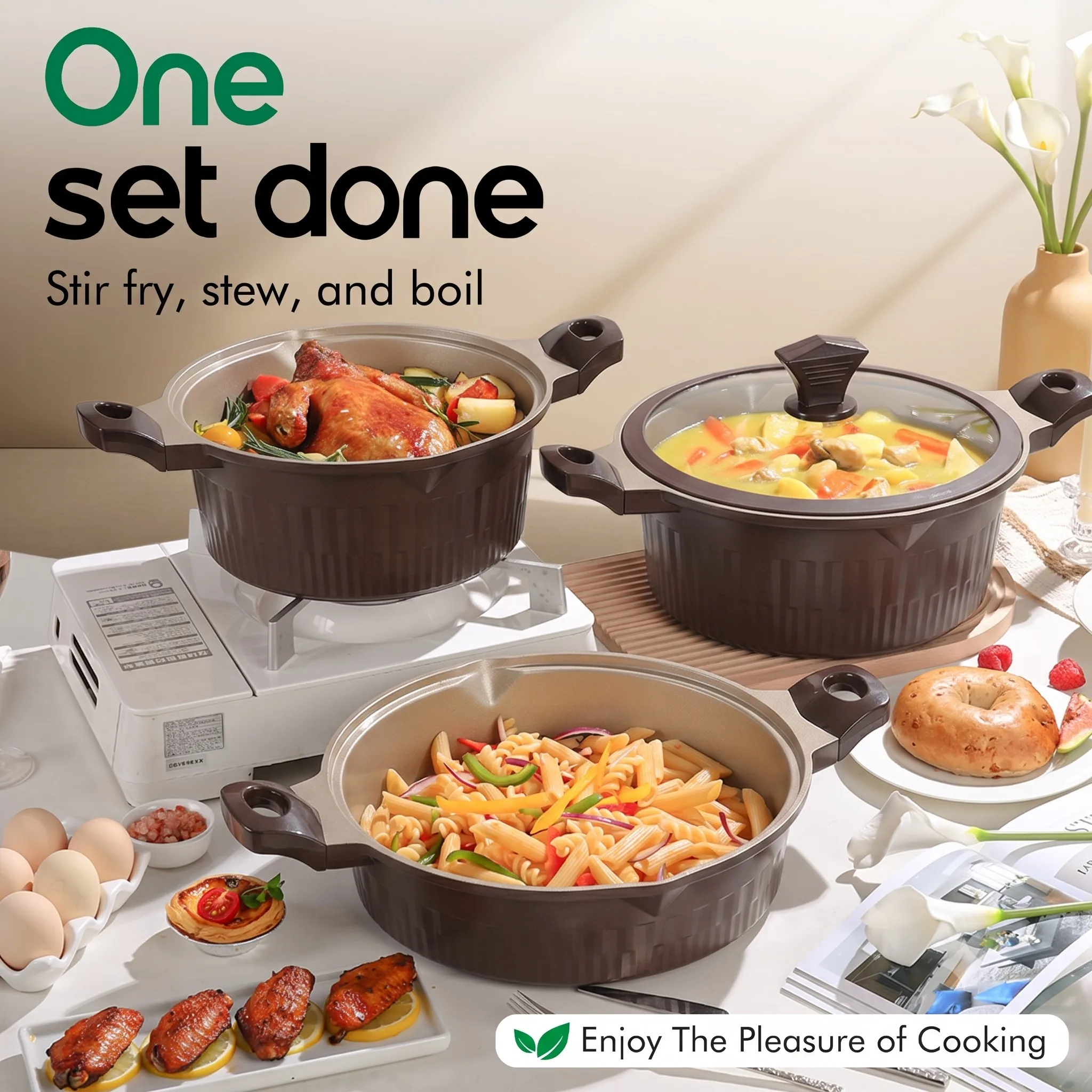 Donnor 15PCS Nonstick Cookware Set, 20/24/28/32cm Pots+28cm Pan, Capsule Bottom, Stackable, w/ Silicone Lids  PFOA/Lead Free
