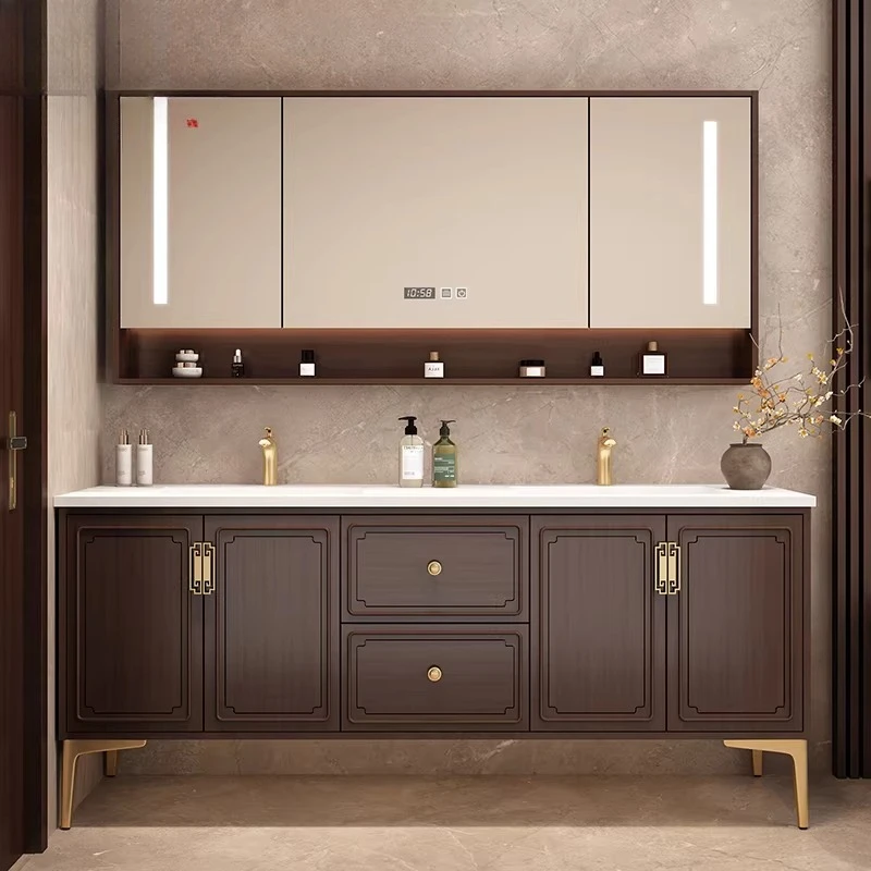 

Новая комбинация тумбы для ванной из китайского дуба с двойной раковиной и бесшовной раковиной для рукомойника из сланца.