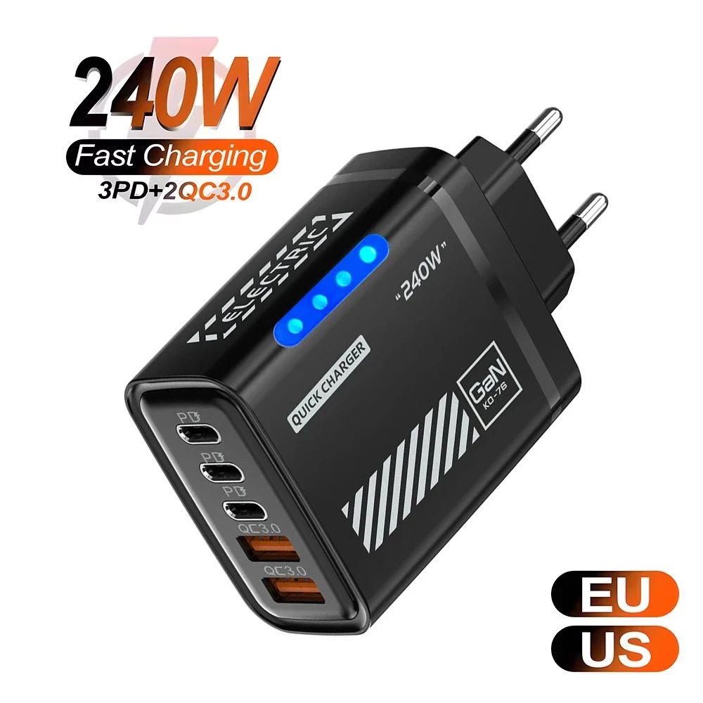 5 in 1 240W GaN USB C Charger Fast Charging Phone Charger Adapter For iPhone Samsung Xiaomi EU/US Plug Quick Charge Wall Charger