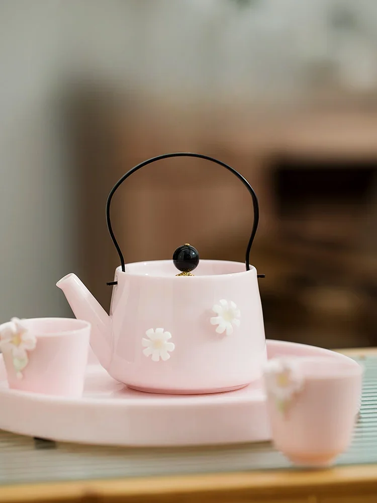 

Tea set ceramic pink hand-carved flower with lid simple modern exquisite one-person beam pot teapot birthday housewarming gift