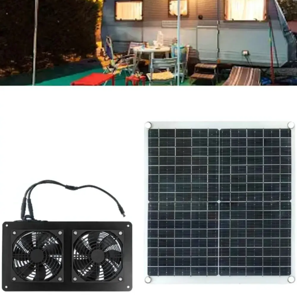 Solar Powered Dual Ventilator Fan Kit 25W Monocrystalline Panel For Greenhouse Rv Pet House Shed Cooling Solution