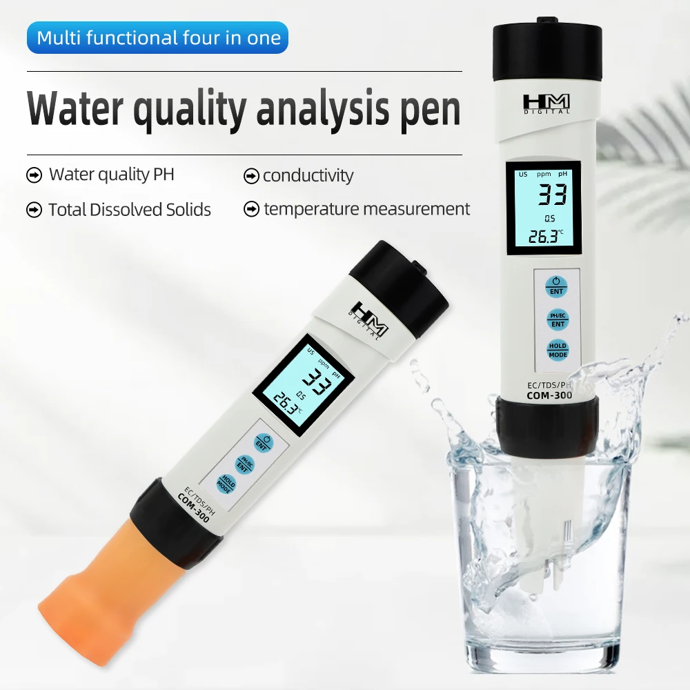 COM-300 Water Quality Digital Measurement Tools  4 in 1 TDS EC Temp PH Meter for Waterproof Testing Device