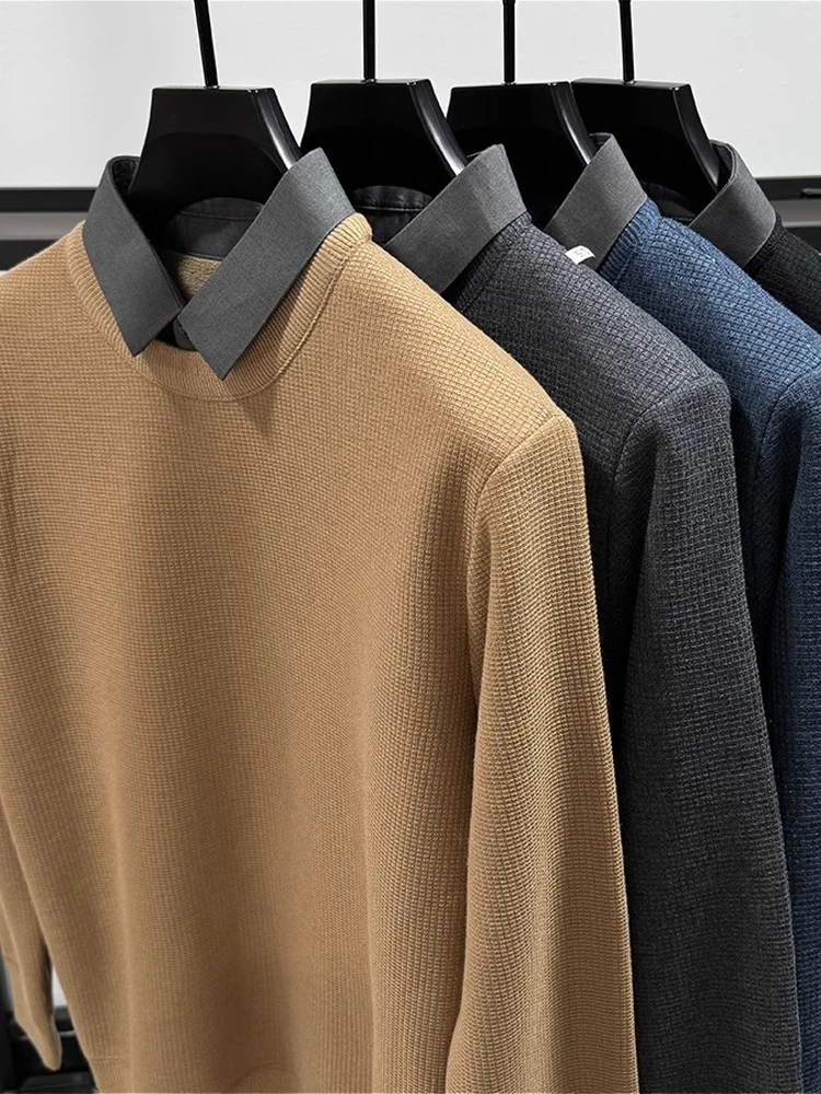 Ele Fce Lined irt Collar Sweater Fake Two-Piece Base Layer for Men Casual Sle Winter Knitwear Comfortable Polyester