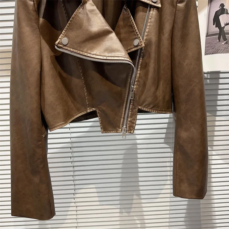 Veste courte en faux cuir pour femme, vintage, slim, noir, marron foncé, revers, manches longues, moto, motard, streetwear, printemps automne