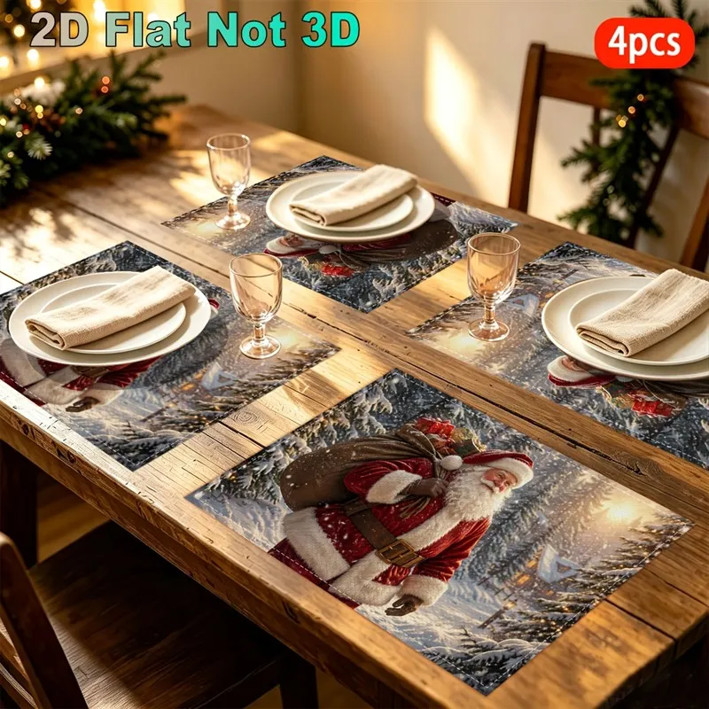 VIKAMA Christmas Linen Placemats, Flocked Tree Snowman Gift Boxes Winter Window, Washable Heat Resistant, Holiday Dinner
