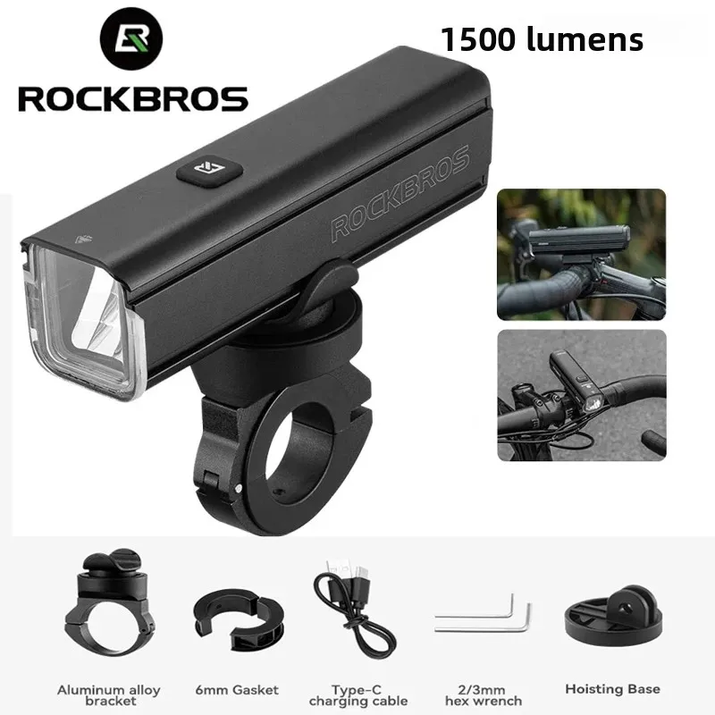 

ROCKBROS 1500LM Bicycle Light Waterproof Headlight Type-C Rechargeable LED 5500mAh Bike Light Front Lamp Bike Accessories