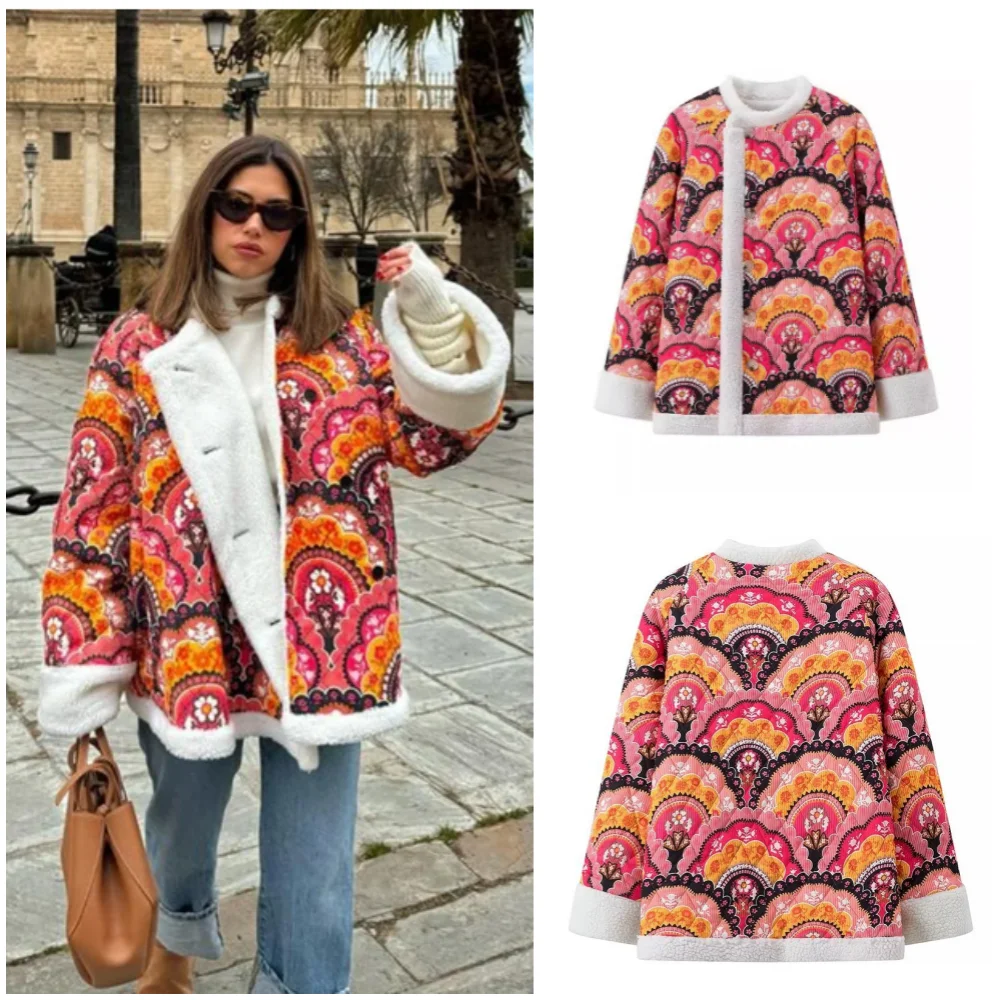 Ladies\' Lamb-wool Printed Cotton-padded Jacket with Single Breasted Long Sleeves for Autumn and Winter Street Wear Warm Coat