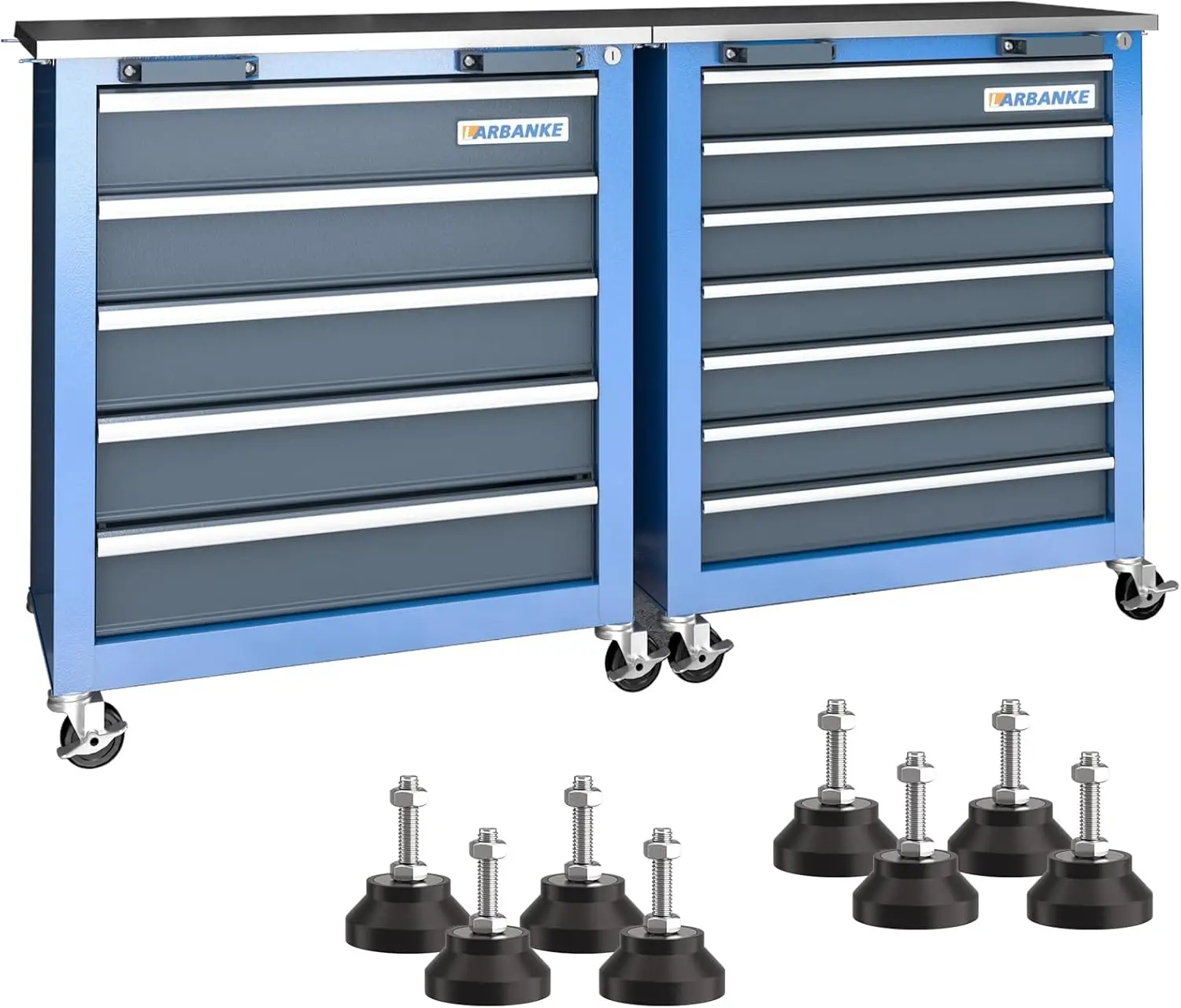 Cofre de herramientas combinado de 12 cajones con encimera de acero inoxidable, cofre de herramientas de 7 cajones y cofre de herramientas de 5 cajones