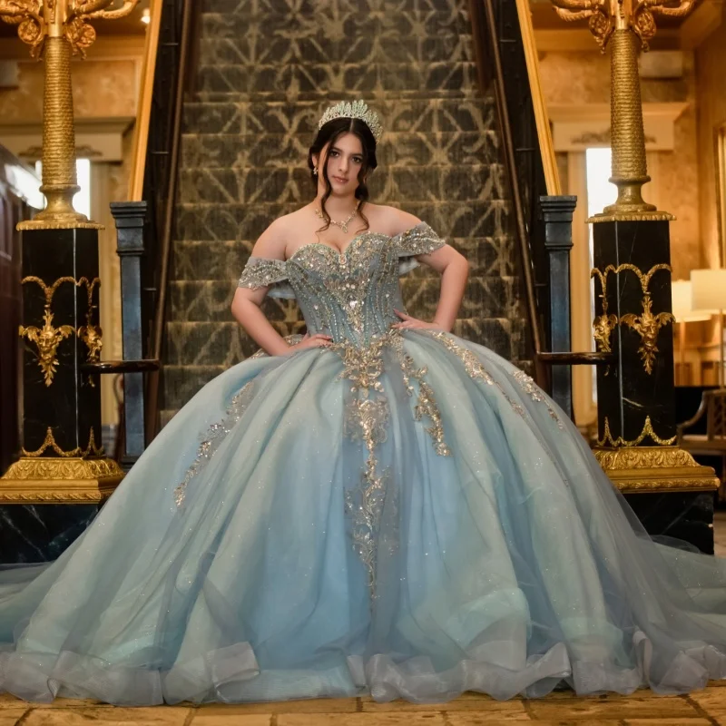 

Haze Blue Quinceanera Dress off-shoulder Crystal Sequins Decal Long tail Big Bow vestidos de 15 Quinceanera ﻿Customize
