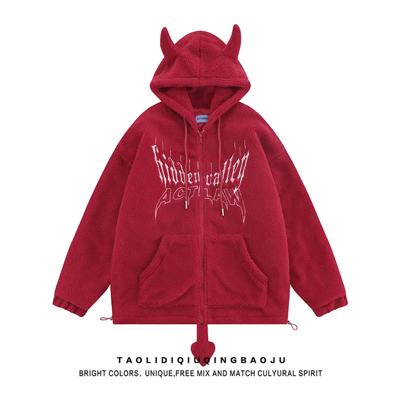 2023 New Hip Hop Streetwear Jacket Coat Embroidery Devil Monster Hooded Jacket Harajuku Autumn Winter Jacket Hoodie Outwear Red