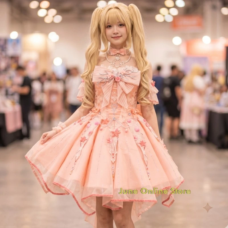 Disfraces de Cosplay de Anime Infinity Nikki, Vestido de Encaje con Parches de Rosas y Lazos Rosas, Estilo Lolita Dulce, Sin Mangas, para Fiesta