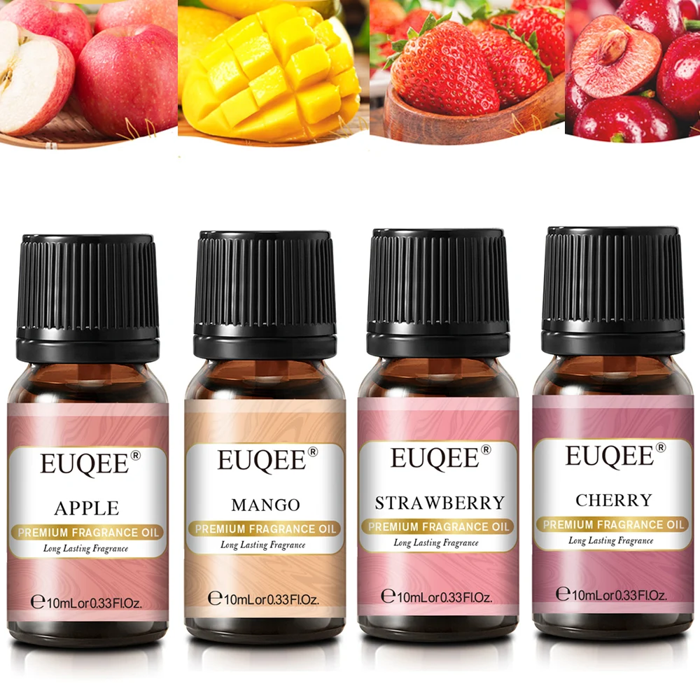 EUQEE 10ml Fruit Flavor Essential Oil Strawberry Cherry Mango Apple Coconut Pineapple Litchi Peach Long-lasting Aroma Oils