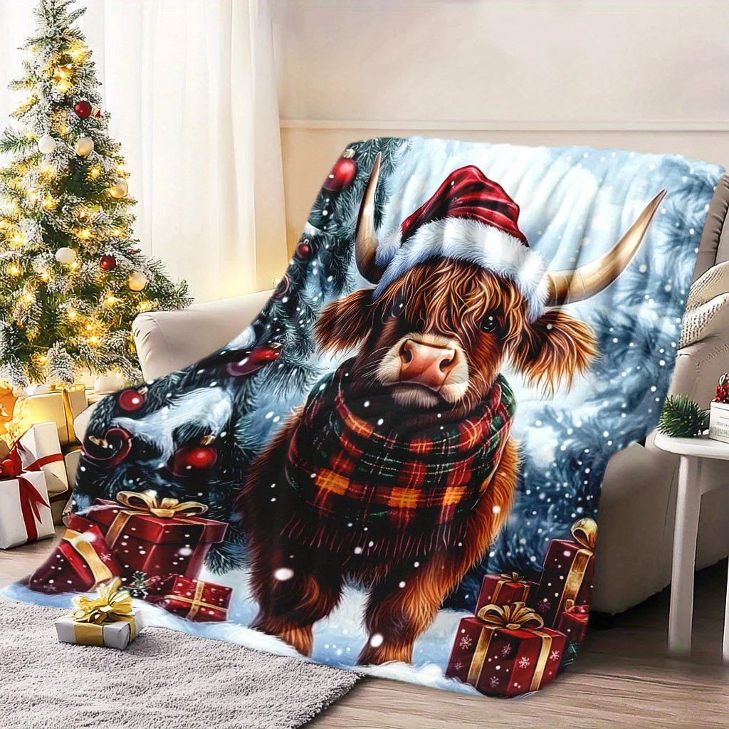 Christmas Highland Cow Gift Box Throw Blanket Soft Warm Cozy Winter Holiday Blankets For Sofa Couch Bed