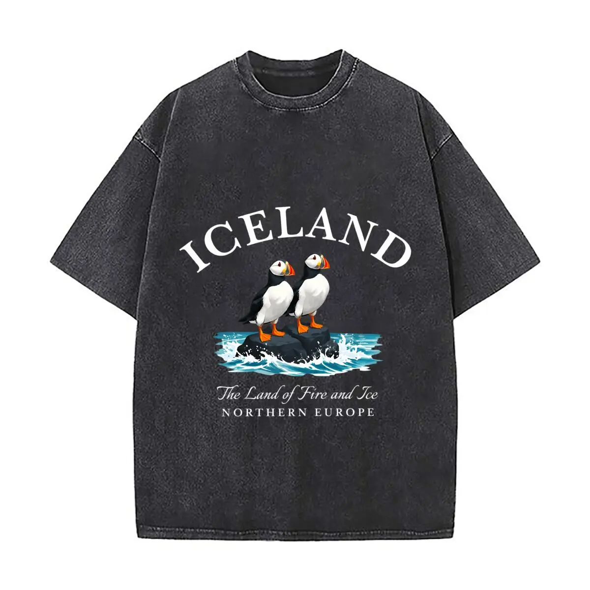 Iceland Atlantic Puffins The Land Of Fire And Ice Northern Europe Washed Vintage Short Sleeve Loose Streetwear Tee