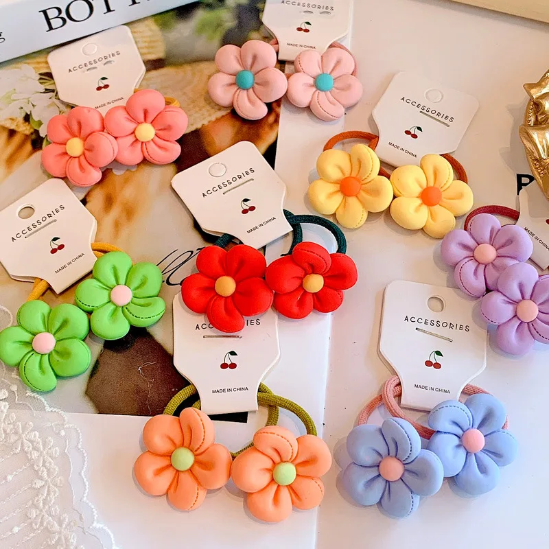 2pcs/set Cute Resin Flower Girls Hair Ties Candy Elastic Hair Bands Pigtails Hair Rope Rubber Hair Gum Scrunchies Accessories