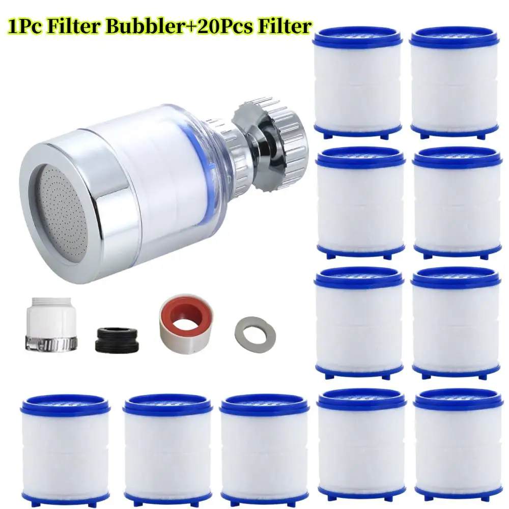 1Pc Filter Bubbler+20Pcs Filter,Faucet Water Filter 360° Rotating Splash Filters Remove Chlorine Heavy Metals Filtered Purifier