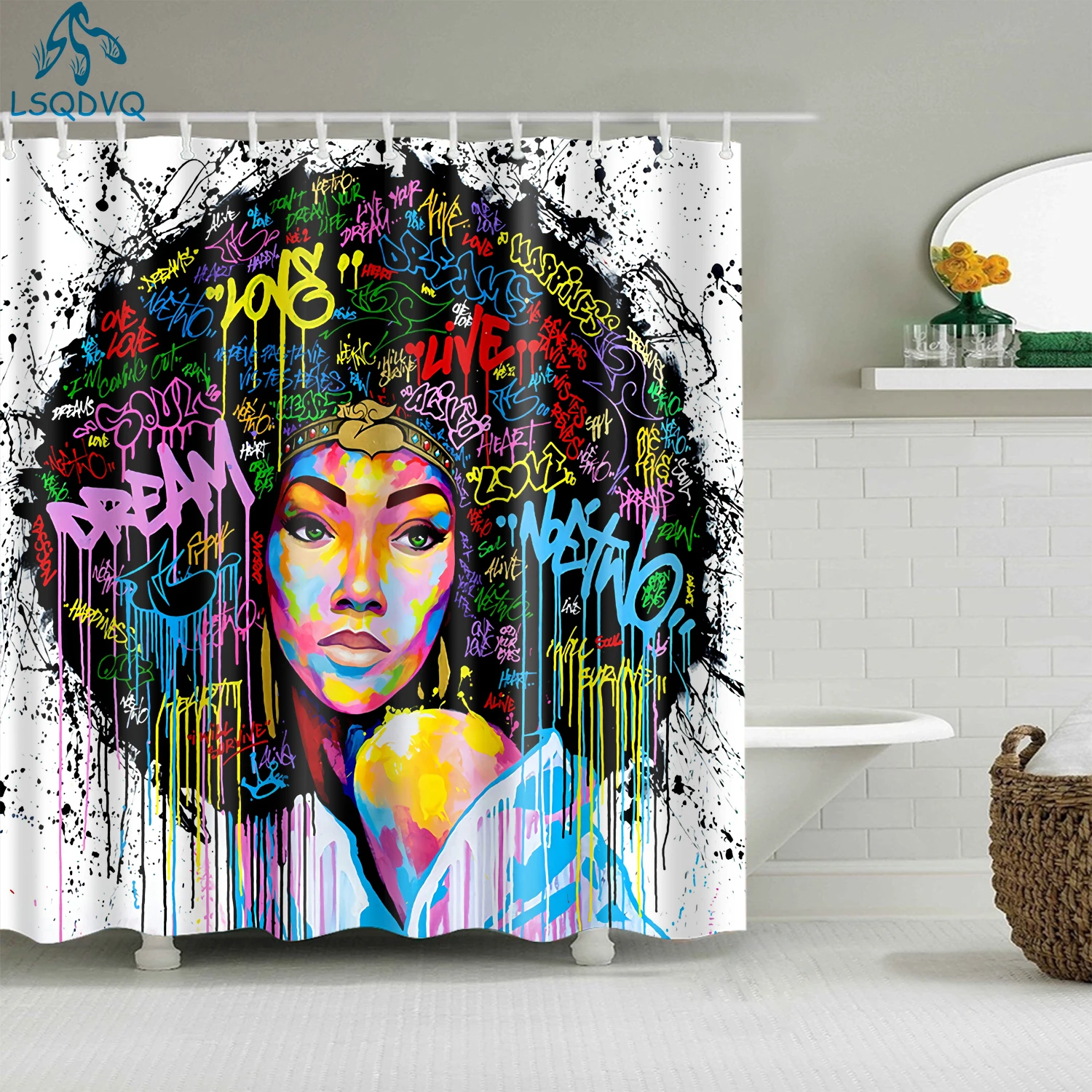 African American Afro Black Girl Women Art Design Graffiti Art Bathroom Shower Curtains Waterproof Polyester with Hooks