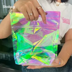 StoBag 50pcs Transparent Laser Rainbow Candy Snack Packaging Ziplock Bag Tote Handle Kids Gift Plastic Sealed Food Storage Pouch