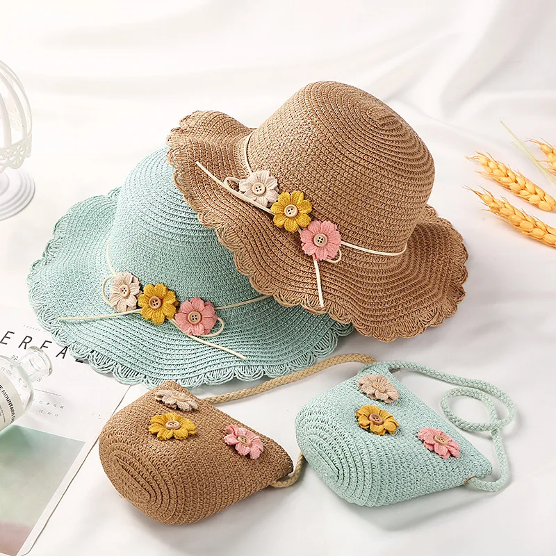 Princess Baby Girls Beach Sun Hats Cute Flower Children's Straw Woven Shoulder Bag Boys Kids Mini Coin Purse Crossbody Bags