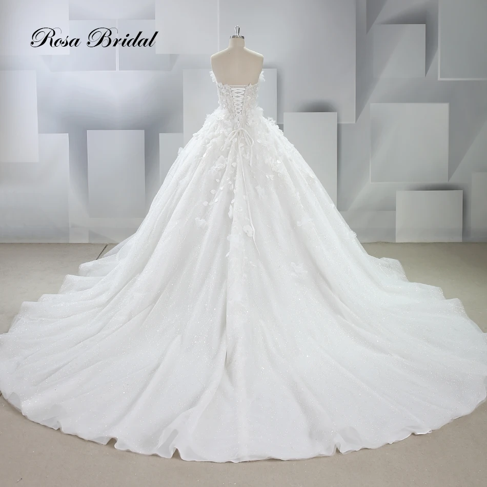 Romantic Strapless 3D Flower Lace Beaded Wedding Dress