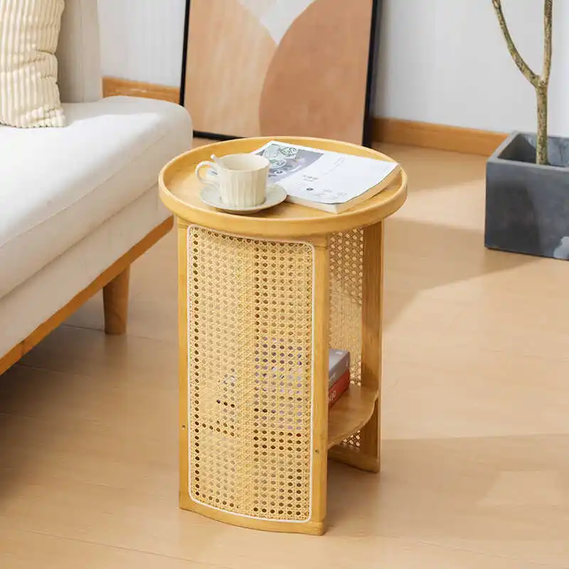 

Japanese Rattan Corner desk Balcony Small Round Tea Table Double-Layer Edge Bedside Tables Easy-Clean Coffee teapoy