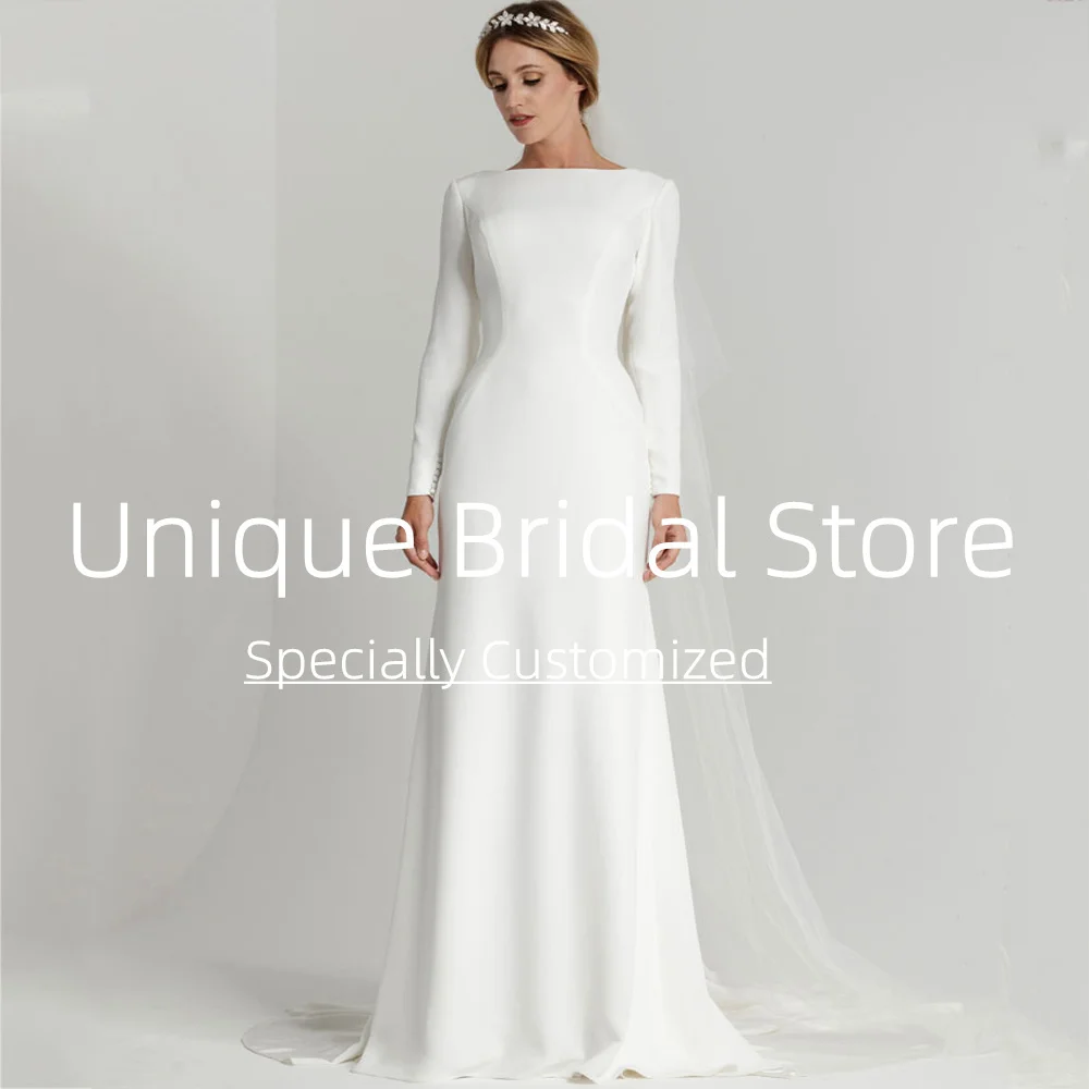 Simple Wedding Dresses Long Full Sleeves Boat Neck Smooth Mermaid Train Open Back Button Design High Quality Bridal Gown