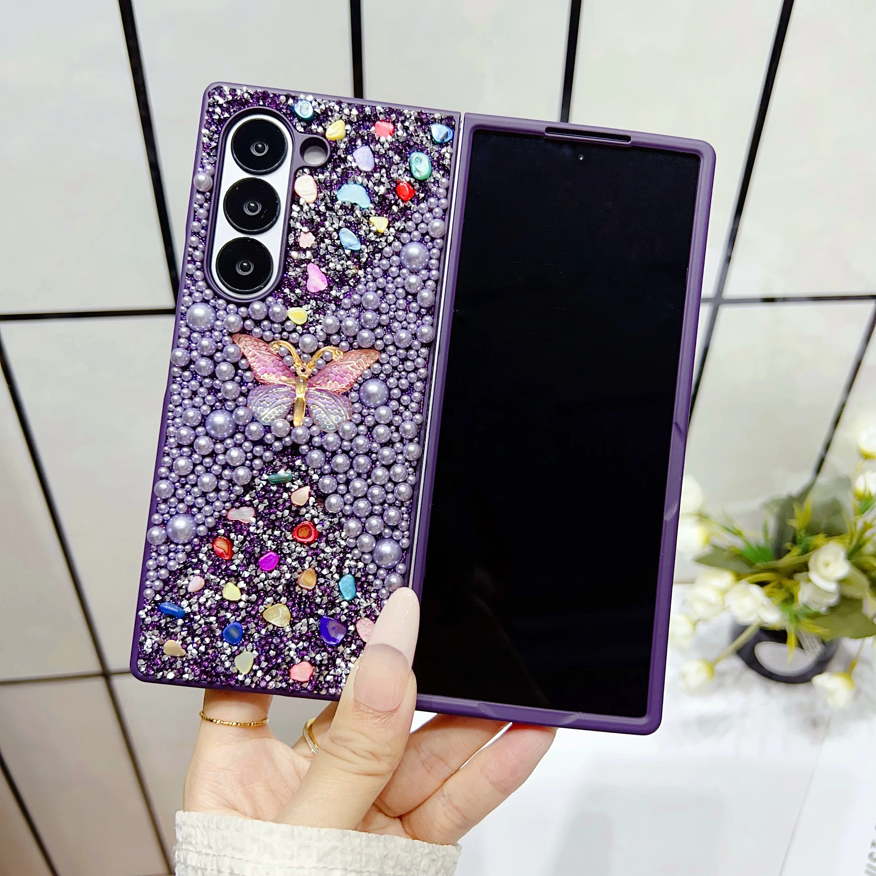 

Back Cover For Samsumg Galaxy Z Fold 7 6 5 4 3 Case Pearl Sparkling Diamond Stone Butterfly Hard PC Shockproof Phone Case