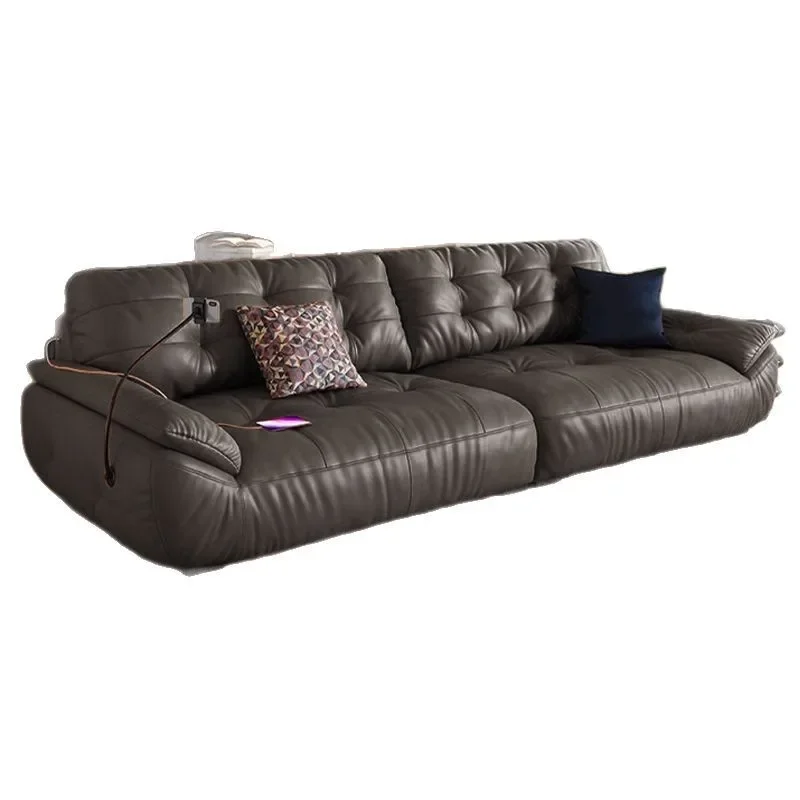 

Retro, small apartment in the living room, multi-functional straight row black cloud leather sofa, first layer cowhide