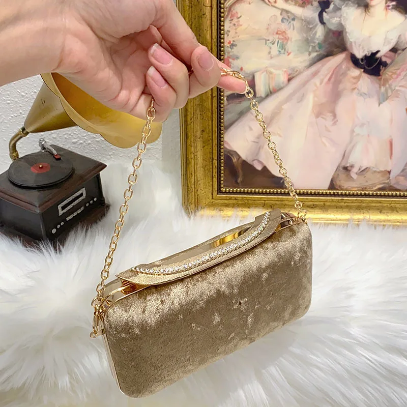 New Women Black Velvet Evening Clutch Bag Glitter Rhinestone Buckle Banquet Party Ladies Handbag Purse with Chain view 5