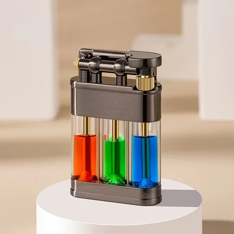 Creative Three-color Transparent Oil Tank Kerosene Lighter Metal Old-fashioned Outdoor Windproof Grinding Wheel Lighter