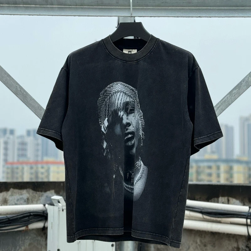 

New Vintage High Quality Direct Injection Portrait Printing Tops Tee Trendsetter Men Women Washed Do Old T-shirt Air Transport