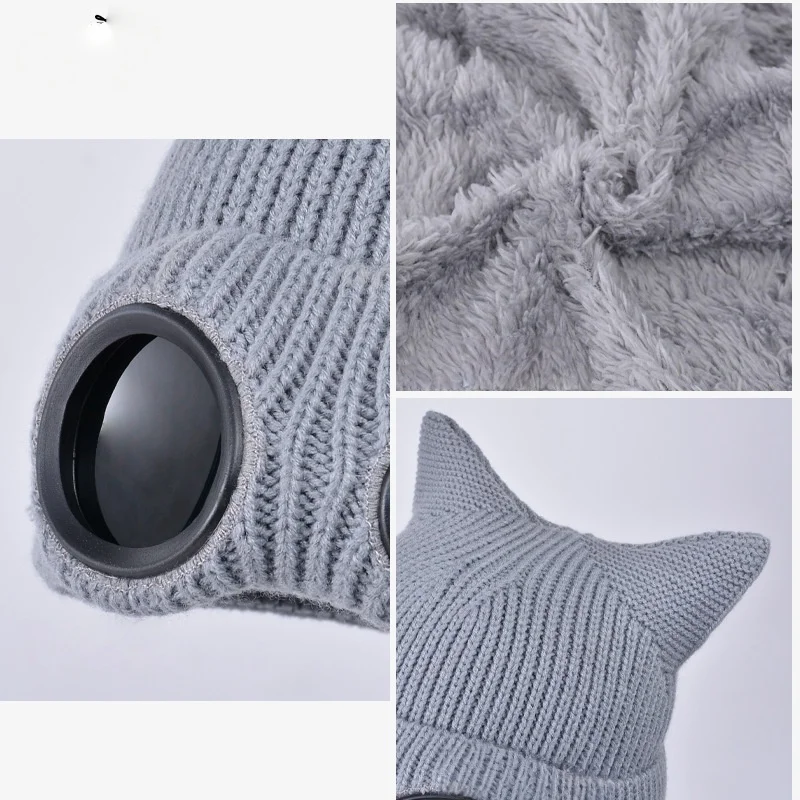 Winter Windproof Protective Goggles Hat for Women Fashionable Cute Cat Ear Knitted Hat Outdoor Ski Beanie