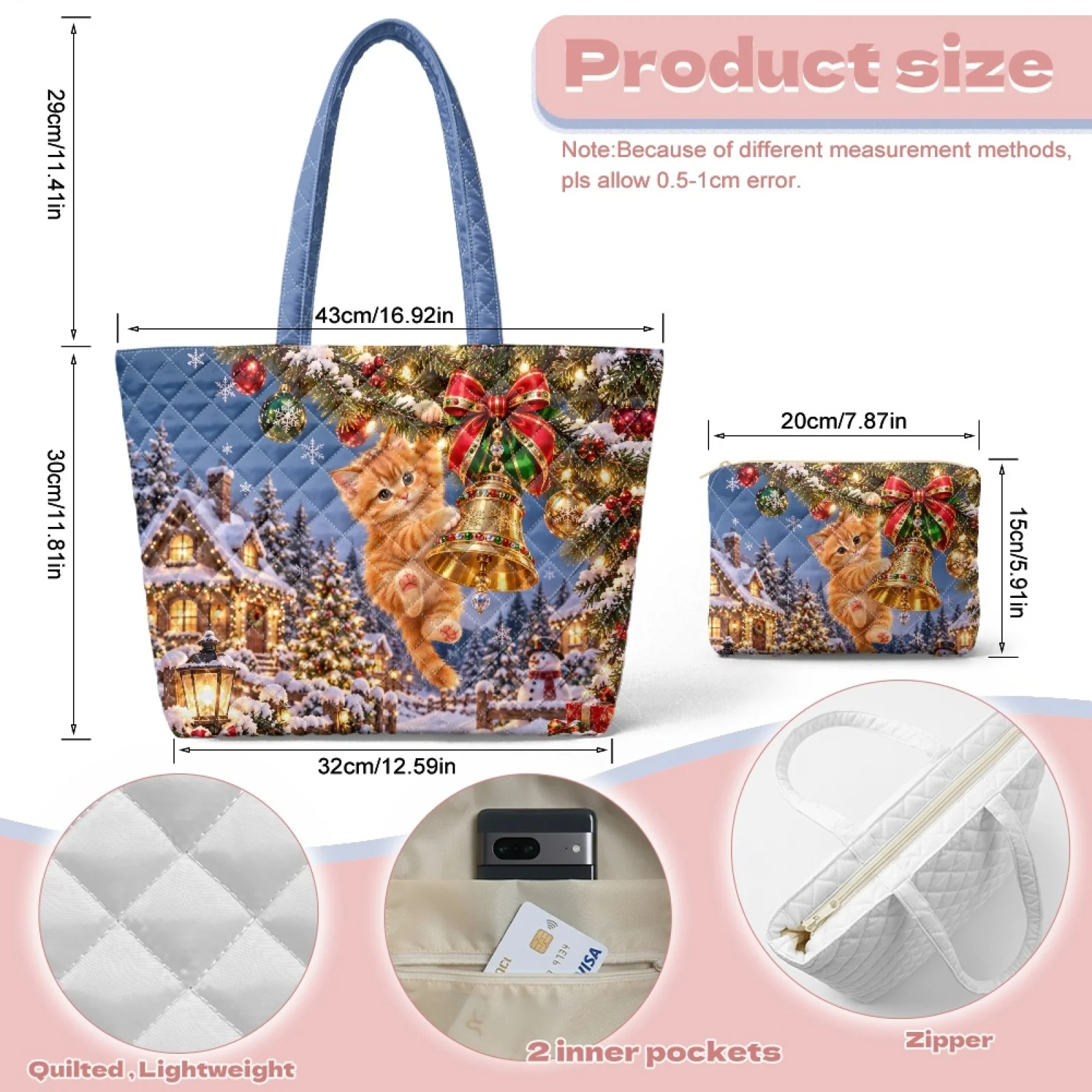 Coloranimal Christmas Quilted Tote Handbag Featuring Ginger Cat Pattern, 2 Piece 2026 New Set Portable Waterproof Bags for Women