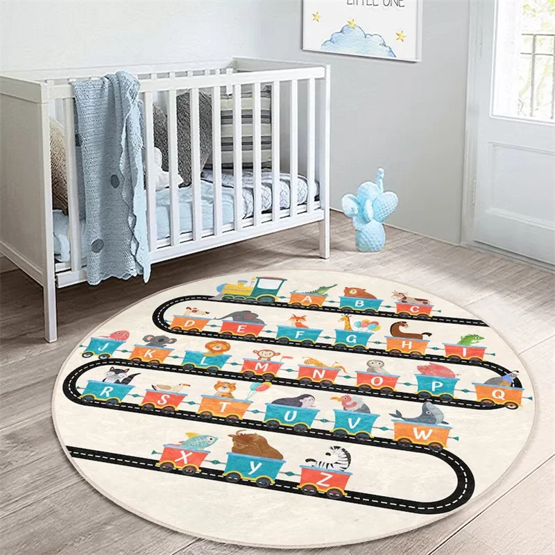 Letters Round Rug Alphabet Floor Carpet Train Circle Rugs Animal Beige Toddler Area Rugs for Room Bedroom Decoration
