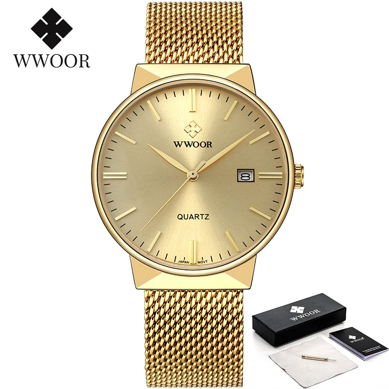 Luxury Gold Men Watch WWOOR Fashion Watch For Men Waterproof Slim Stainless Steel Mesh Mens Quartz Wrist Watch Relogio Masculino