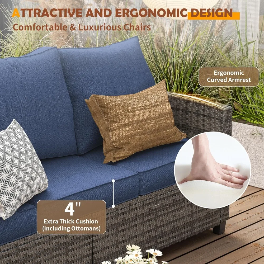 Juego de muebles de patio, sofá seccional para exteriores de 6 piezas con mecedora giratoria, sofá de ratán de mimbre gris con mesa auxiliar