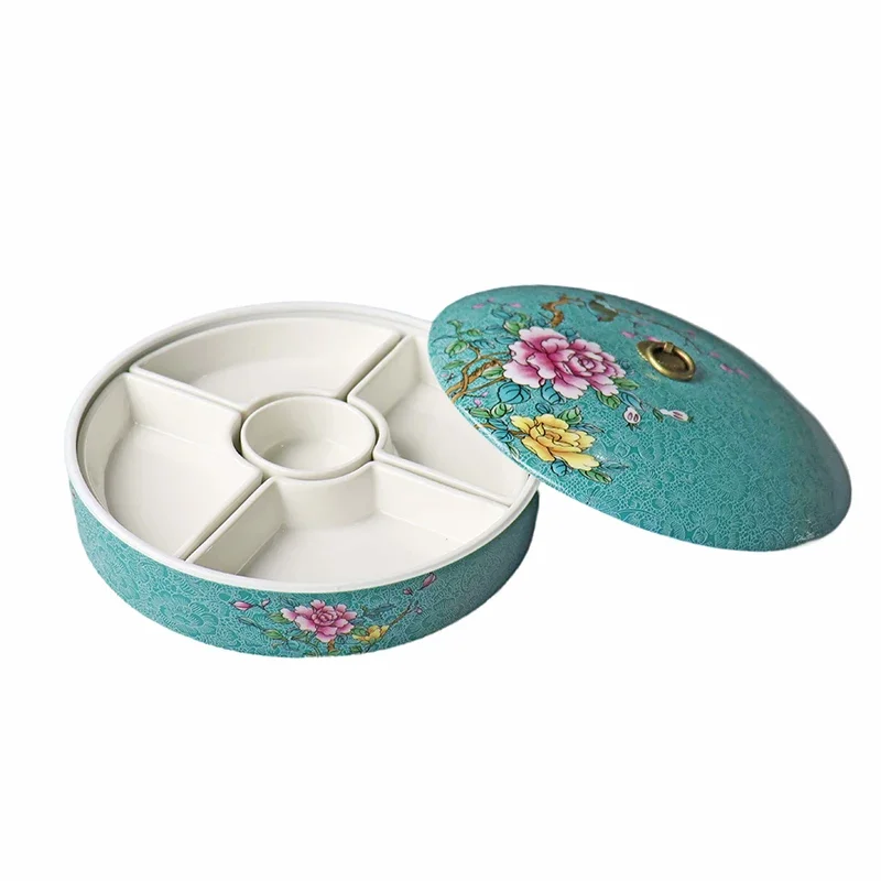 

Tableware Ceramic Round LargeCapacity with Lid Creative Retro Enamel Artistic Conception Cold Dish Special Five-Grid Chinese 1Pc