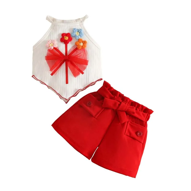 

Toddler Clothing for Infants Girls 1–3 Years Fashion Summer Sling Floral Mesh Bow Tops and shorts 2-Piece Set Baby Girl Outfits