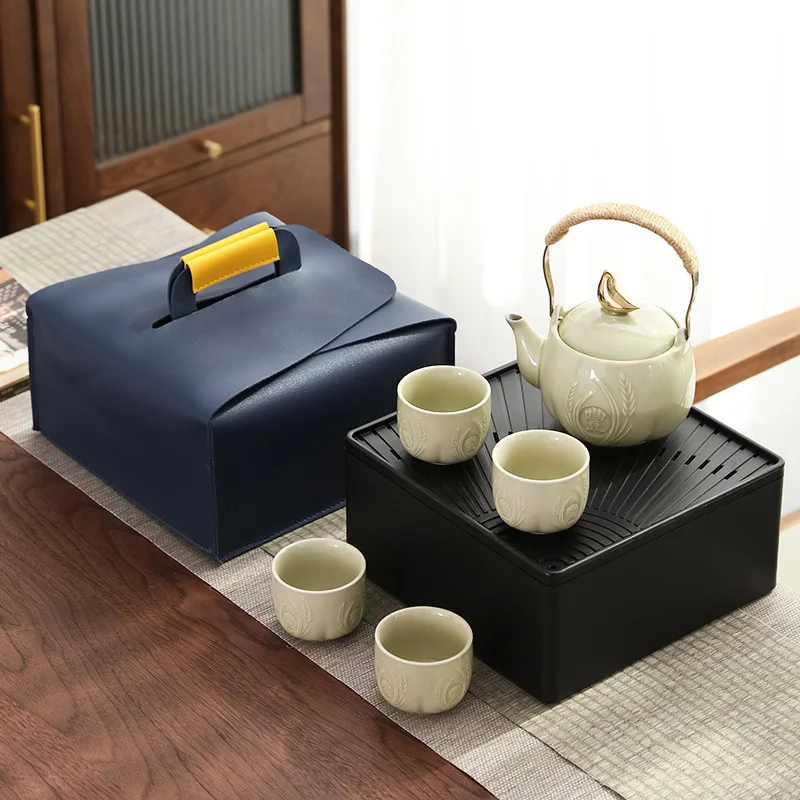 High end travel tea set, ceramic travel set, one pot, four cups, lifting beam teapot with bag tea set