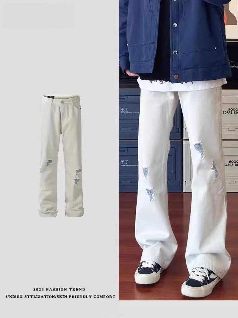 

Retro American Straight Leg Micro Flared Design ex White Casual Versatile Couple's Jeans Long Pants Youth Trend Summer Wear