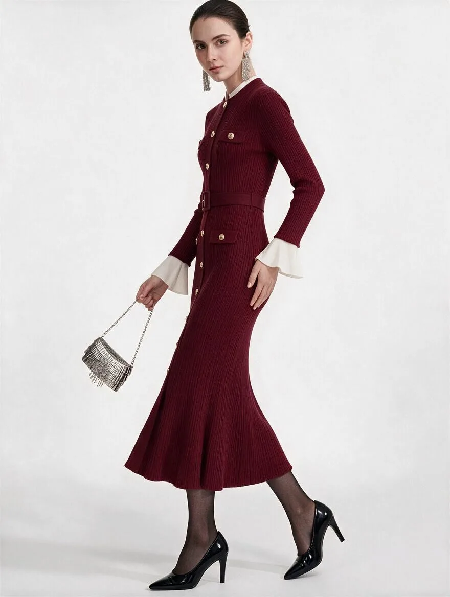 2026 Autumn/Winter New French Style Fashionable and Elegant Slim-Fitting Single-Breasted Long-Sleeved Dress with Belt