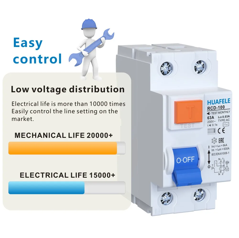 RCCB Type AC 2P 4P Residual Current Device RCCB 40A 63A 100A 30mA 6KA Din Rail 230V 400V Differential Breaker Safety Switch