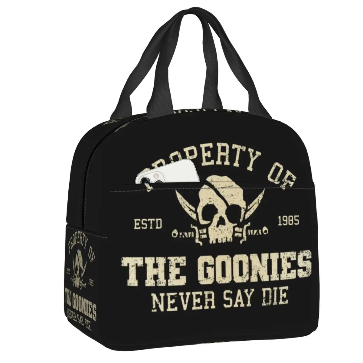 

Custom The Goonies Never Say Die Insulated Lunch Bag for Camping Travel Waterproof Cooler Thermal Bento Box Women Kids