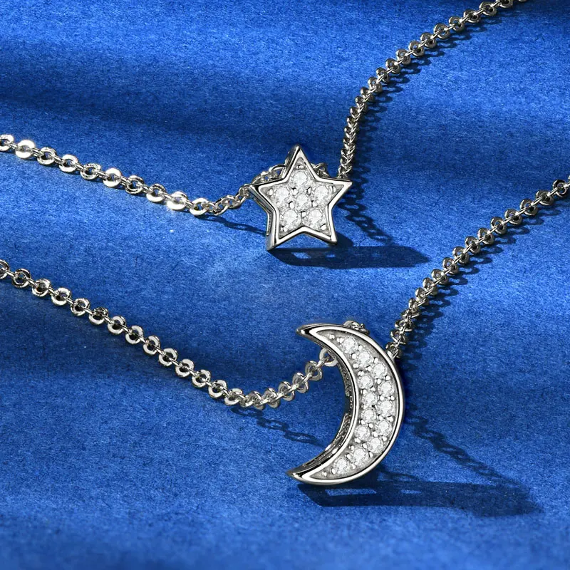 

Ehhai полный круглый муассанит звезда и луна кулон ожерелье для женщин стерлингового серебра 925 пробы двойная цепочка свадебные ювелирные изделия подарки