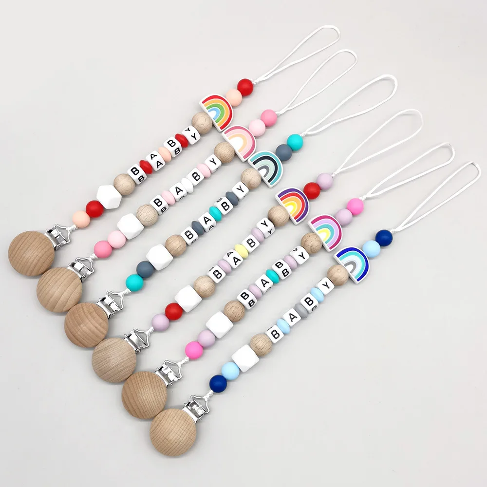 INS Baby Pacifier Clip Personalize Name Custom Rainbow Dummy Nipple Holder Chain Soother Chew Toy Teether Babies Accessories