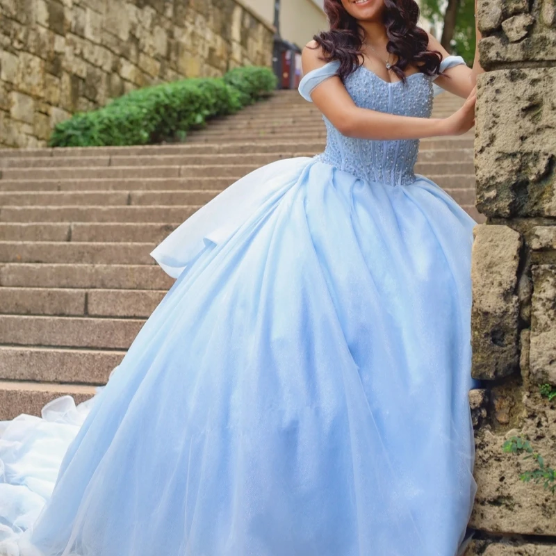 

Sky Blue Shiny Quinceanera Dresses Off The Shoulder Beading Crystal Tull Party Birthday Sweet 16 Dress Vestidos 15 De Anos