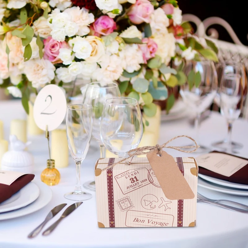 50pcs Mini Suitcase Favor Box Favor Candy Box, Vintage Kraft Paper with Tags and rope-A07G