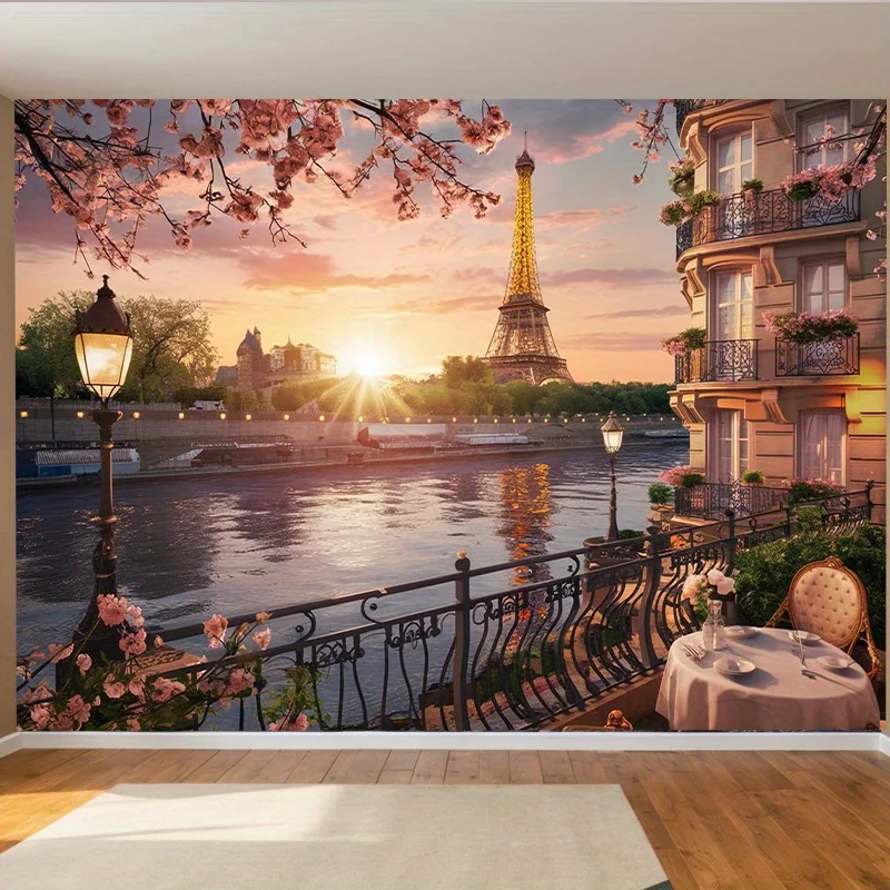 1 Stück Paris Frühlingslandschaft Hintergrund, Polyester-Wanddekorationsbanner, Eiffelturm und Flussansicht, Heim- und Raumdekoration – Detail 2